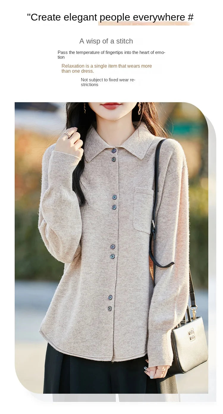 POLO Collar Wool Sweater 100 Pure Wool Spring And Autumn New Knitted Women Loose And Slimming Cardigan ZA682