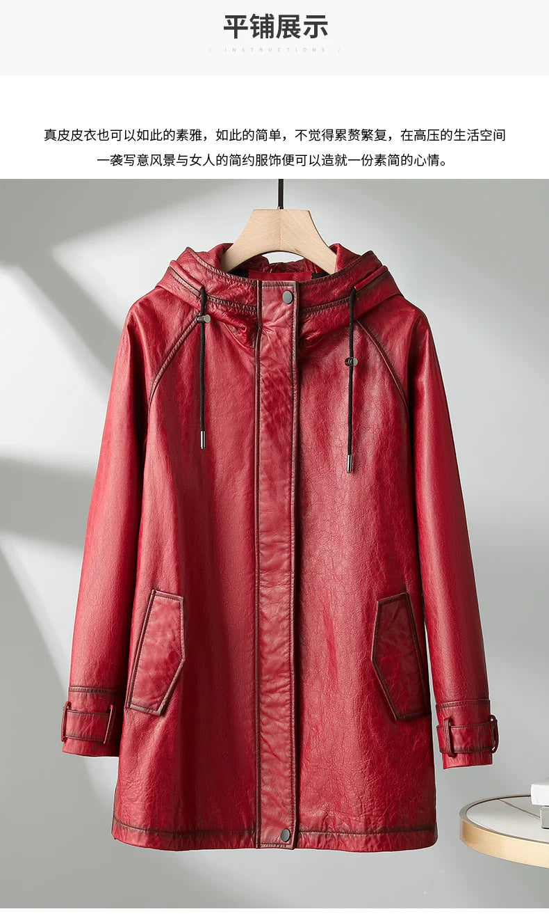 Tajiyane 100% Real Leather Jacket Women Autumn Winter Hooded Vintage Genuine Sheepskin Coat Mid-length Fashion Jaqueta Feminina