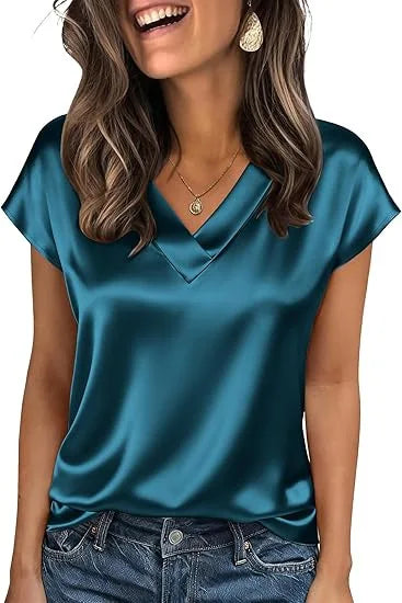 Women's Summer New T-shirt Casual V-Neck Short Sleeve Blouse Business Casual Tops Satins Silk Summer Shirt Work Solid Color Tops