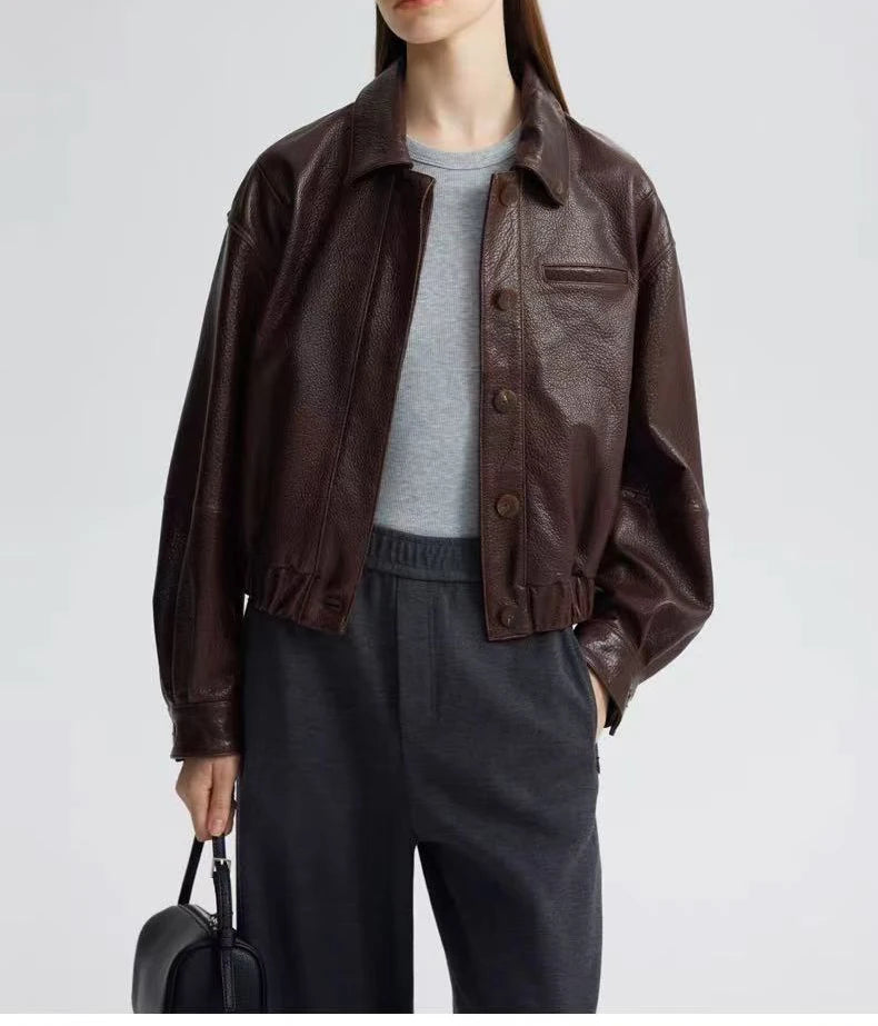 Retro Leather Bomber Jackets for Women Genuine Foam Leather Bubble Texture Short Coat Female Square-Cut Lapel Slim Fit Chaquetas