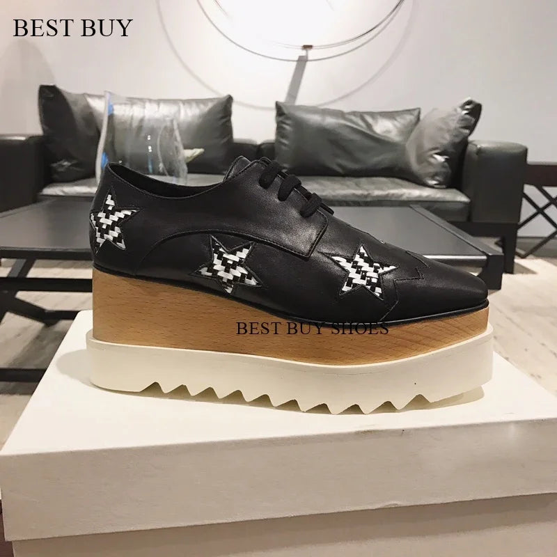 Women Fashion patent Stars high Loafers Shoes Lady Square Toe lace-up Thick Bottom Platform Wedge Shoes For Women sneakers