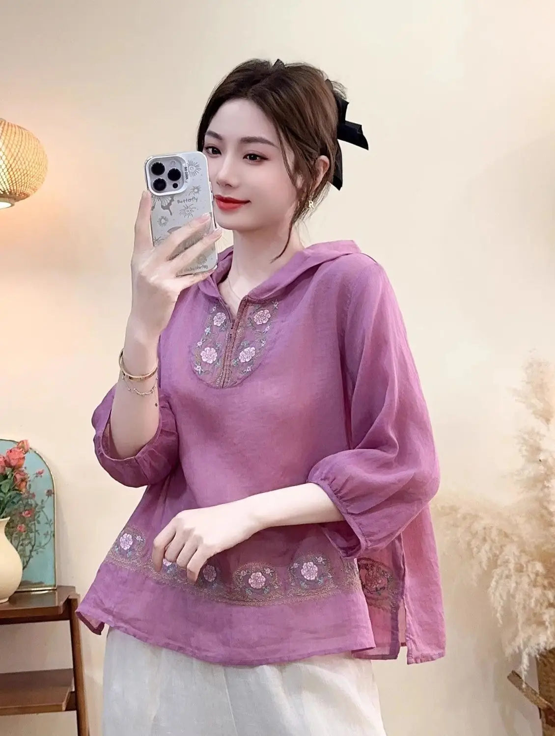 Summer New Embroidered T-shirt Casual Versatile Seven Sleeve Temperament Hoodie Lightweight Hoodie Top for Women