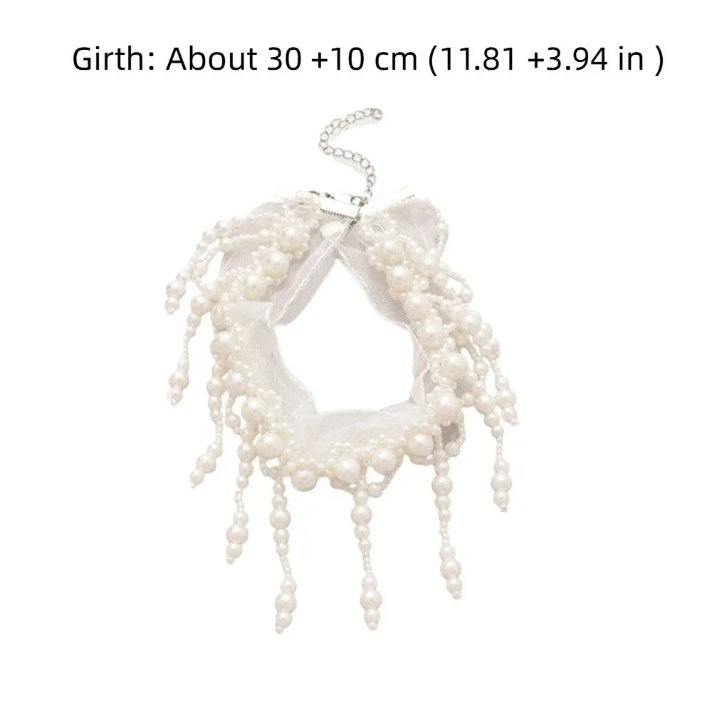 Neck Pendant White Pearl Lace Choker Alloy Creative Tassel Beads Necklace French Style Collarbone Chain Mesh Neck Jewelry Women