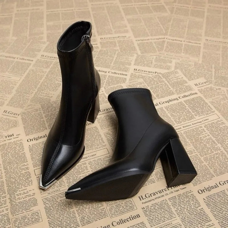 Pointed Toe Women's Ankle Boots Fashion Back Zippers Short Botas Ladies Elegant Square High Heel Winter Women's Footwear 2025