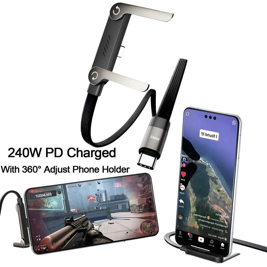 1.45m USB C Phone Chargers Stand Cable 240W Type C Fast Charging Cord For Phones Laptops Hide T Shaped Bracket Support