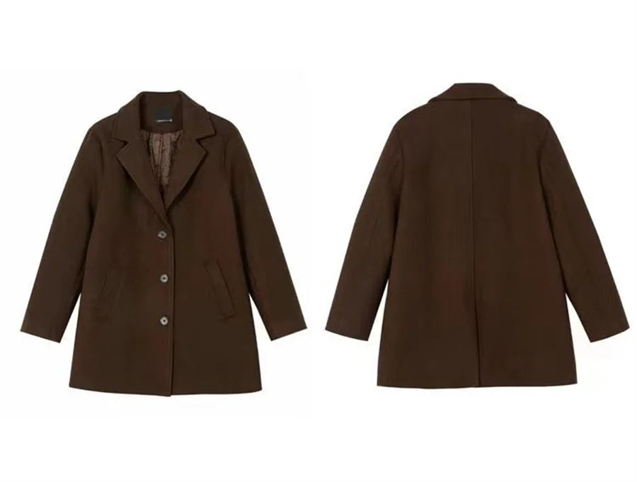 Korean Warm Mid Length Woolen Suit Coat Thick V Neck Women New Loose Parkas Winter Single Breasted Wool Blend Jackets Casaco