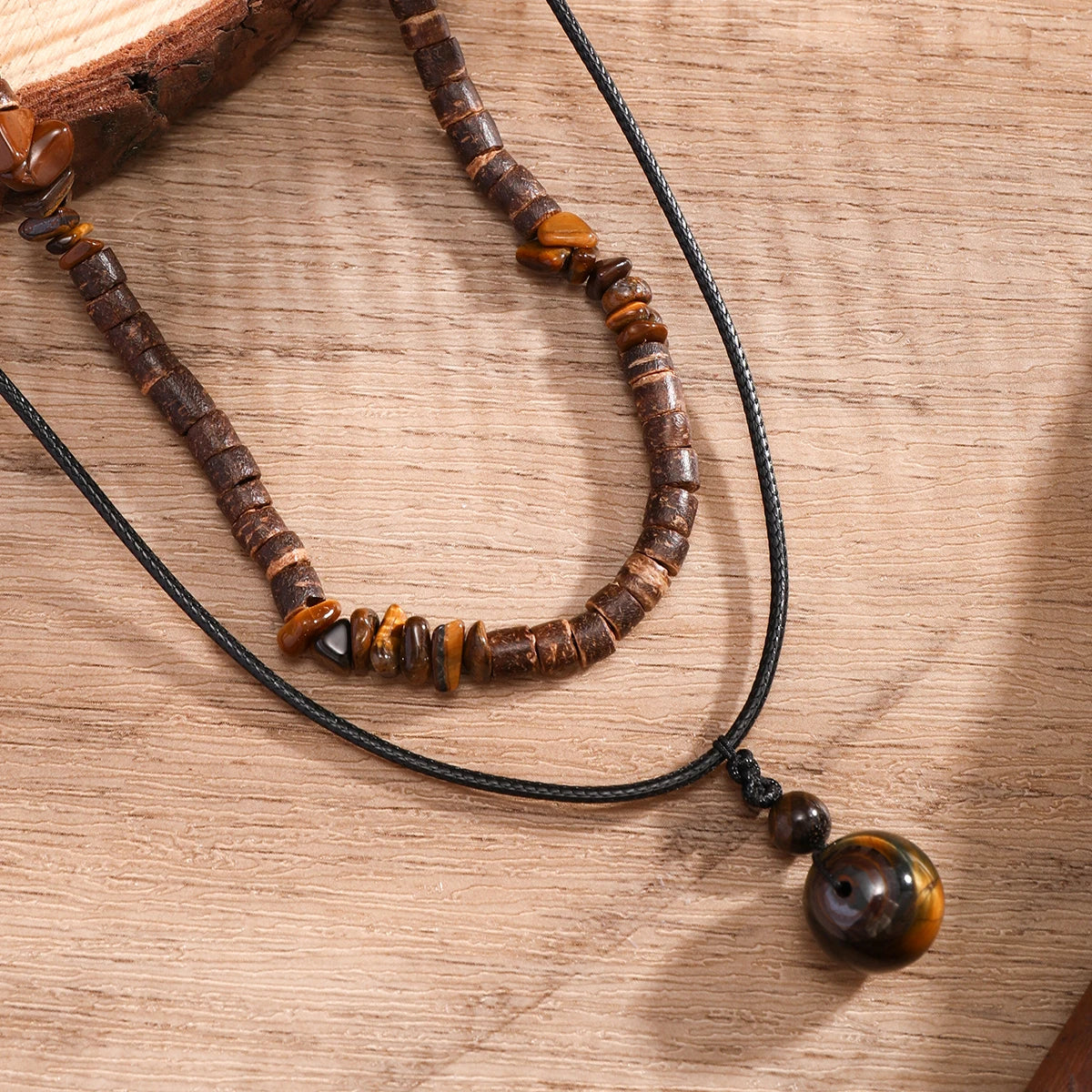 2Pcs/Set Bohemian Round Natural Stone Pendant Necklace for Men Vintage Ethnic Wood Bead Chokers Male Fashion Jewelry Accessories