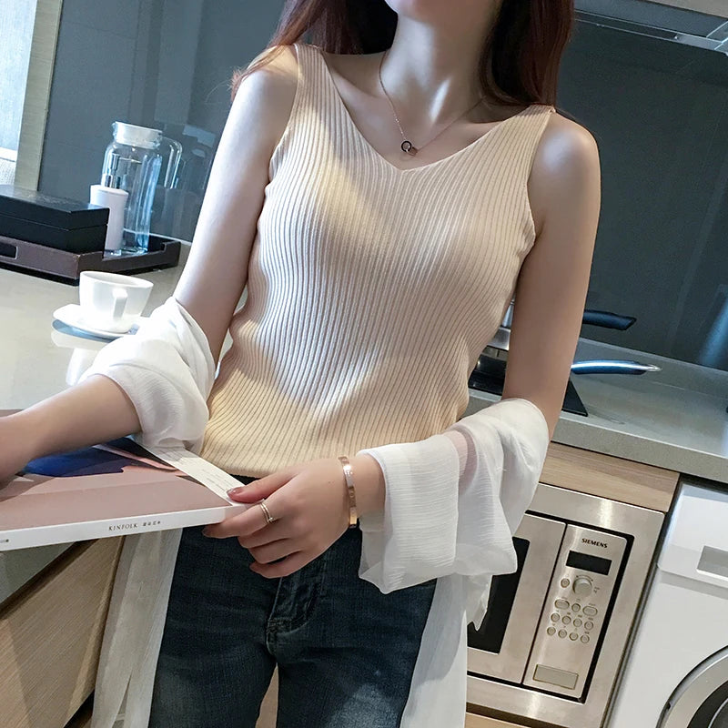 Summer Casual Tank Top Women Sleeveless Knitted T-Shirts Female Elastic Slim Vests Crop Tops Tanks & Camis Pullover Shirts
