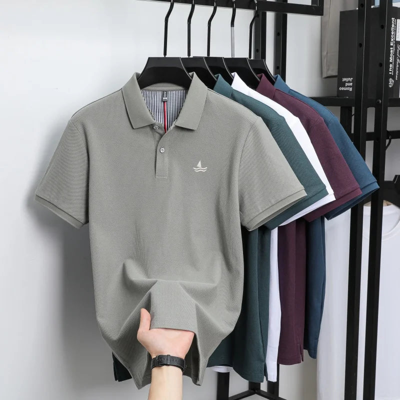 100% pure cotton men short sleeve polo shirt fashion exquisite sailboat embroidery summer comfort business casual lapel T-shirt