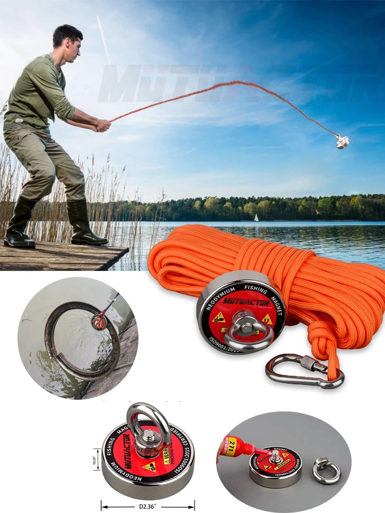 120KG/220KGVertical Srong Neodymium Lifting Magnet Set 10M  Rope Permanant Pot Magnet D60mm Outdoor Funny Tools Fishing
