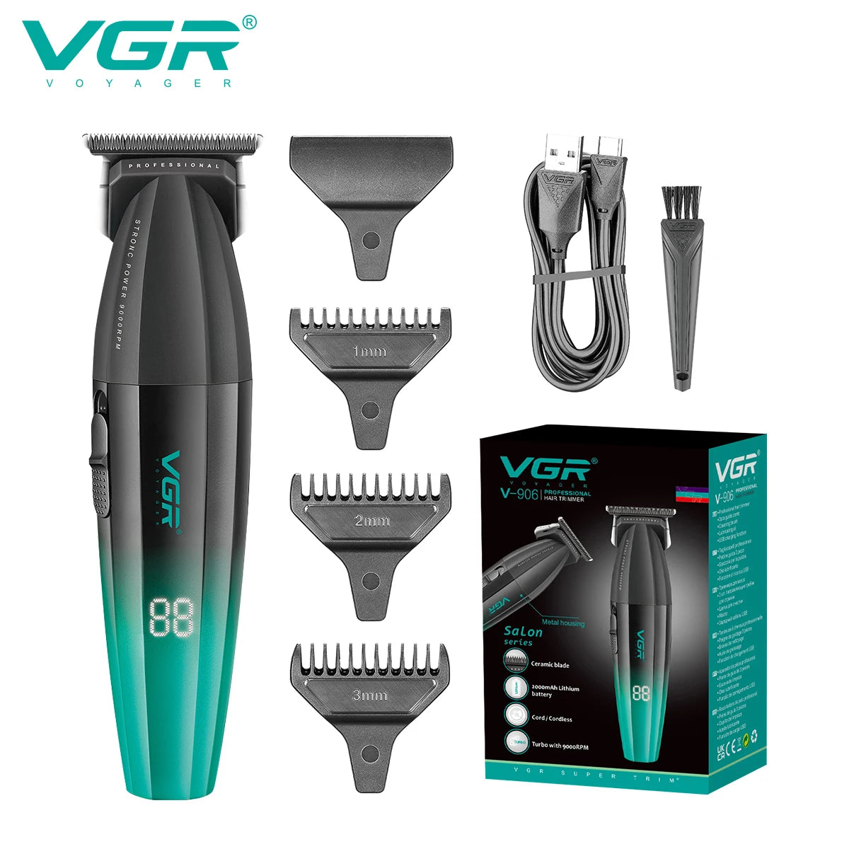 VGR V-906 Hair Salon Home Hair Trimmer Gradient Metal Body Hair Clipper Hair Carving LED Intelligent Digital Display Electric Pu