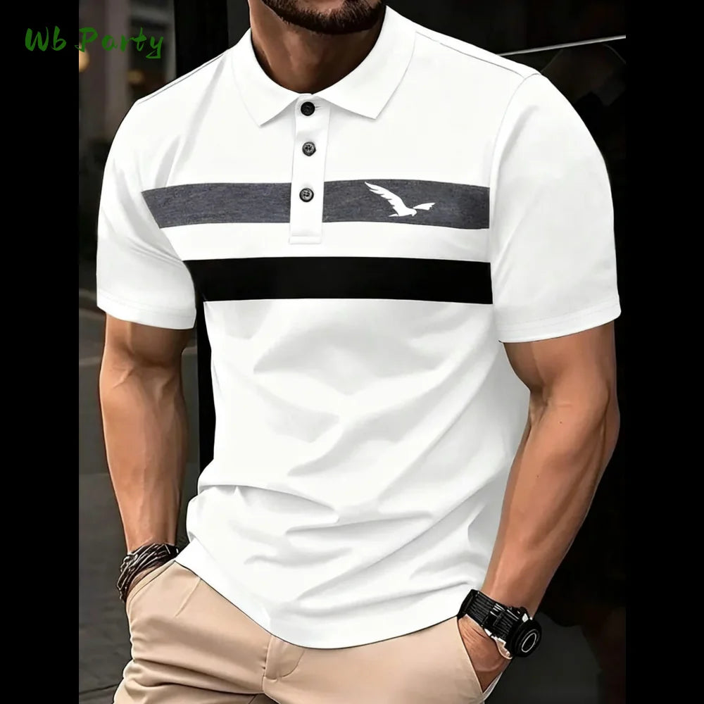 Summer Men's Polo Men's Casual Short Sleeve Polo Shirt Striped Color Block Design Sporty Polo Style Collared Polo Shirts for Man