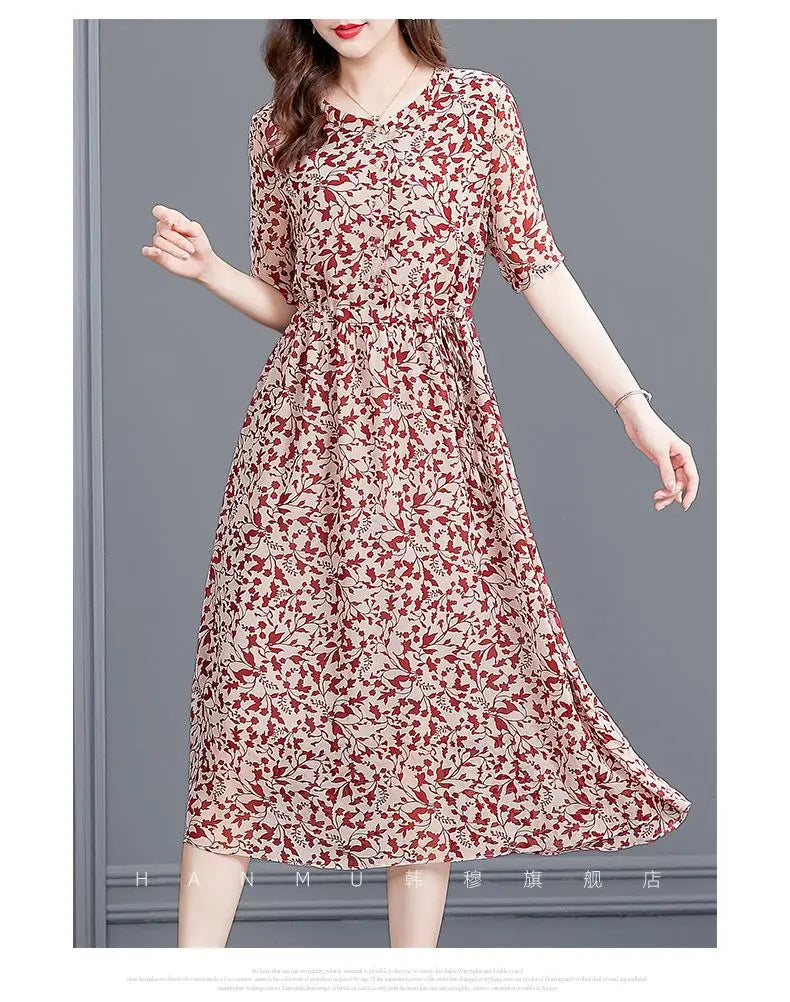 Women's Mulberry Silk Midi Dress V-Neck Three-Quarter Sleeve Red Floral Print Waist Tie Elegant Silk Summer Dress For Mature