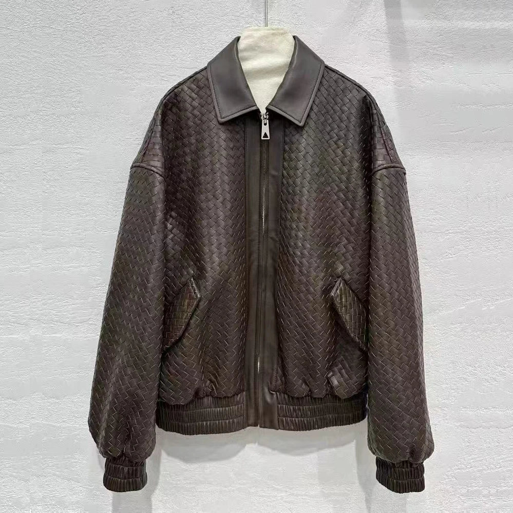 High-fashion Women Clothing 2025 New In Hand Knitting 100 % Leather Jacket Feminina Streetwear Burgundy Dropped Shoulder Coat