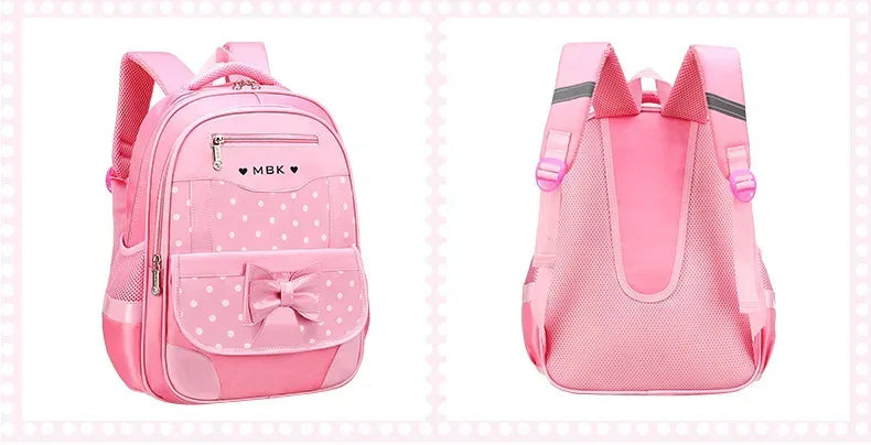 Lightweight School Backpack for Girls Kids Ages 6-12, Cute Polka Dot Bow Elementary Bookbag with Ergonomic Padded Straps