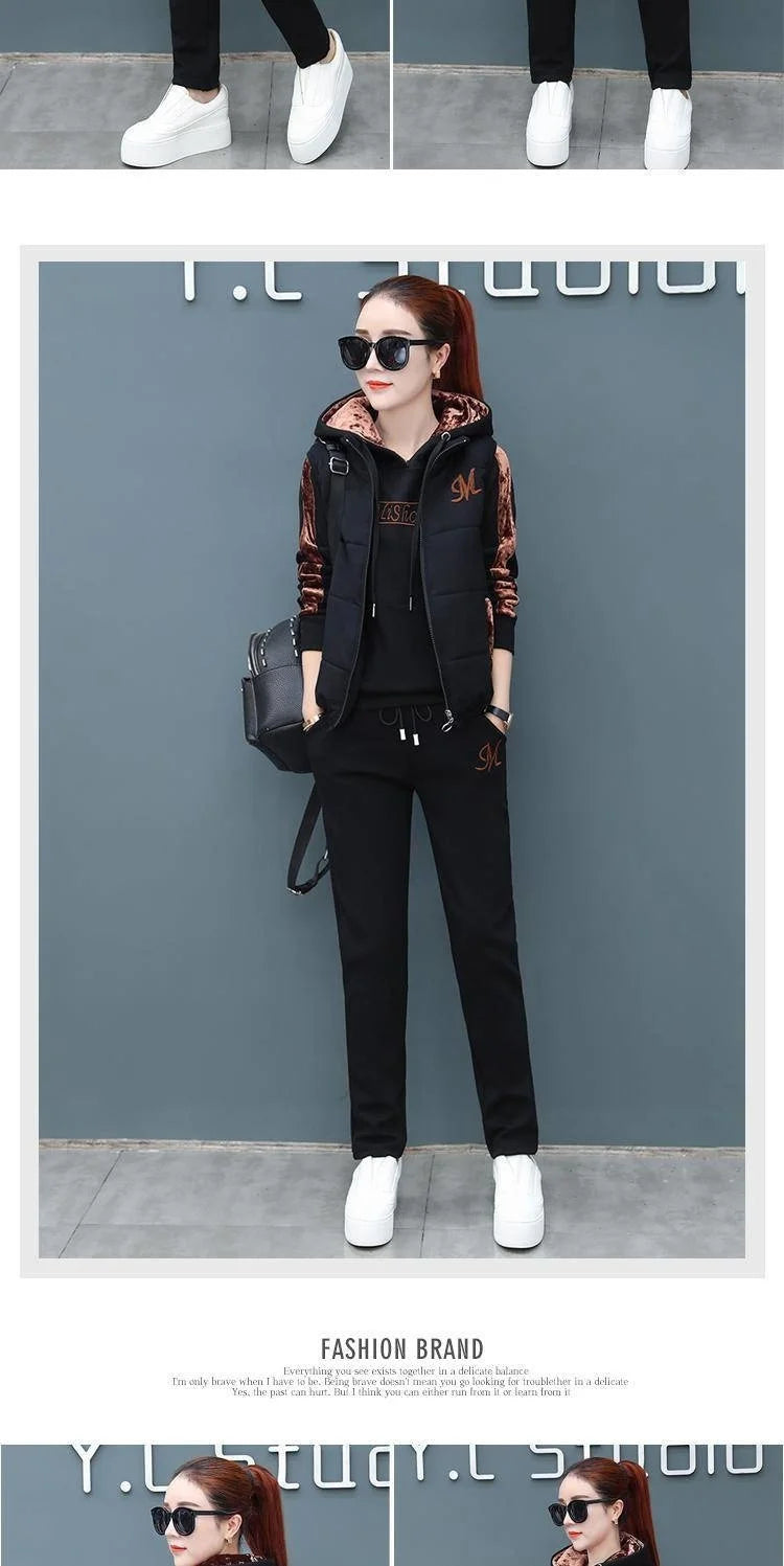 Women's Casual Sweat Suit 2025 Autumn Winter New Fashion Plush Thickened Hooded Tops Waistcoat Pants 3 Three Piece Set For Women
