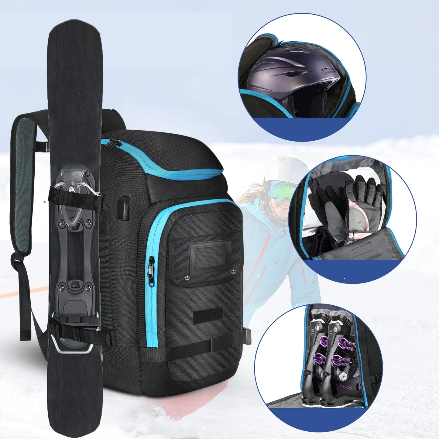 Ski Boot Backpack for Ski Travel, Wet Dry Separation Keeps Boots and Gear Organized, Large Capacity Water-Resistant Storage