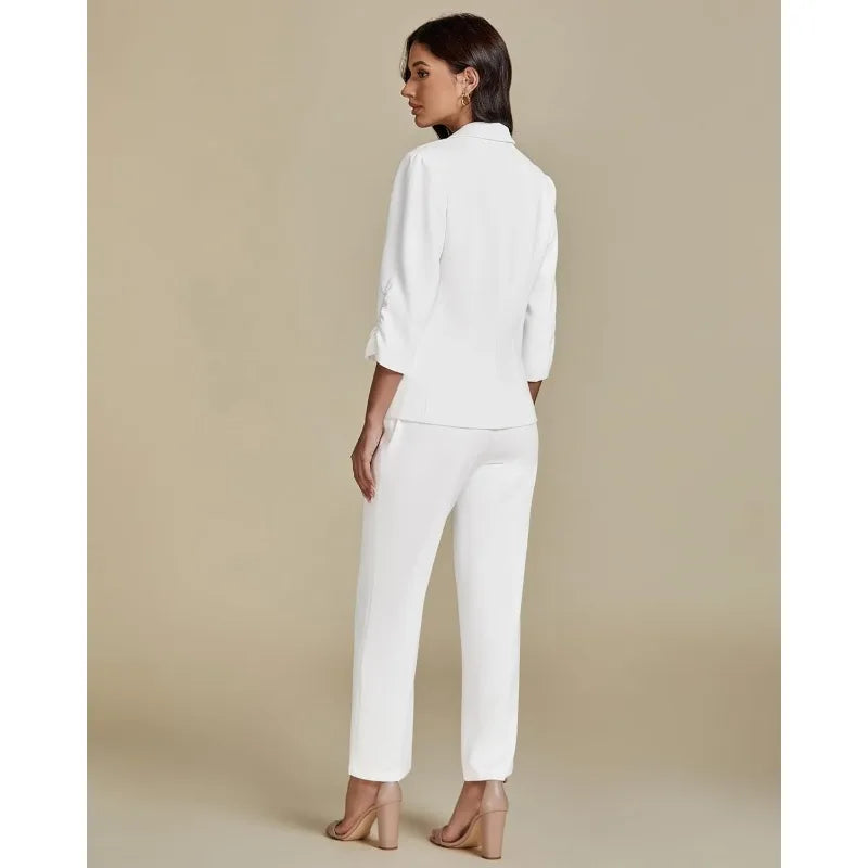 Pant Suits for Women Dressy 2 Piece Business Casual Outfits 3/4 Sleeve Blazer Straight Leg Pant Sets Office Work
