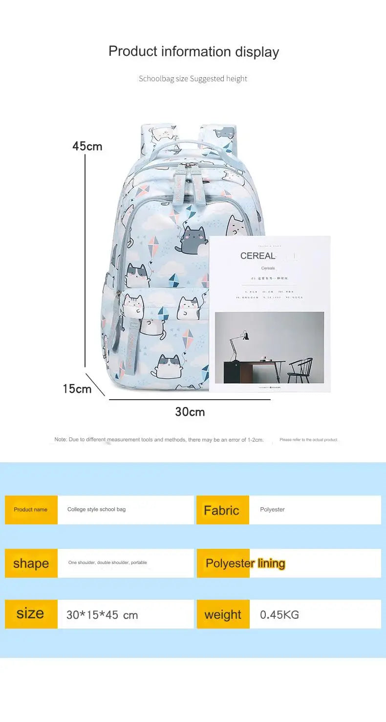 School Bags for Girls Cute Printing Cat School Backpack and Handbag Kawaii Children Backpack Back To School 2024 Mochila Escolar