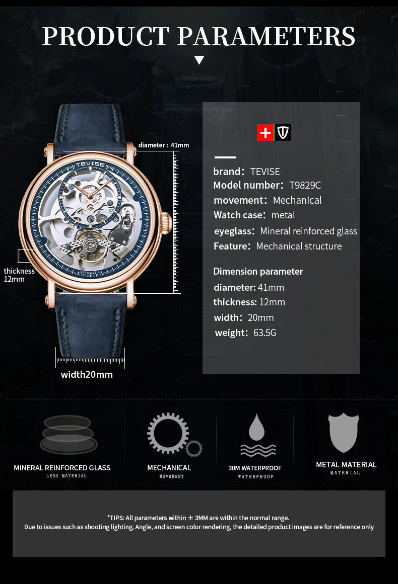 TEVISE New Automatic Watch for Men Mechanical Watch Skeleton Wristwatch Luminous Stainless Steel Top Luxury Watch Waterproof