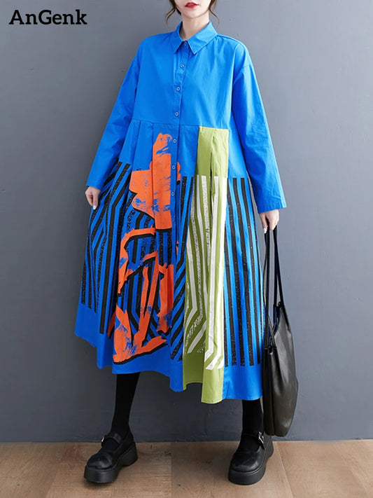 Long Sleeve Patchwork Vintage Print Dresses For Women Loose Casual Midi Dress Robe Fashion Elegant Clothing Spring Autumn 2025