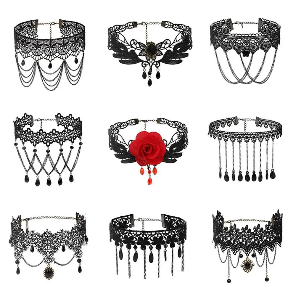 Sexy Neck Chain Steampunk Style Collar Chocker Gemstone Pendant Black Lace Gothic Necklace
