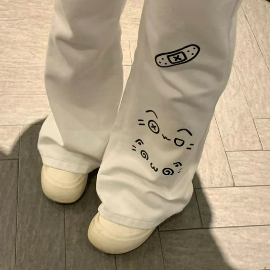 Japanese Kawaii Full Length Pants Women Cartoon Cat Pattern Casual Trousers Y2K Sweet Harajuku Subculture Autumn Sweat Pants