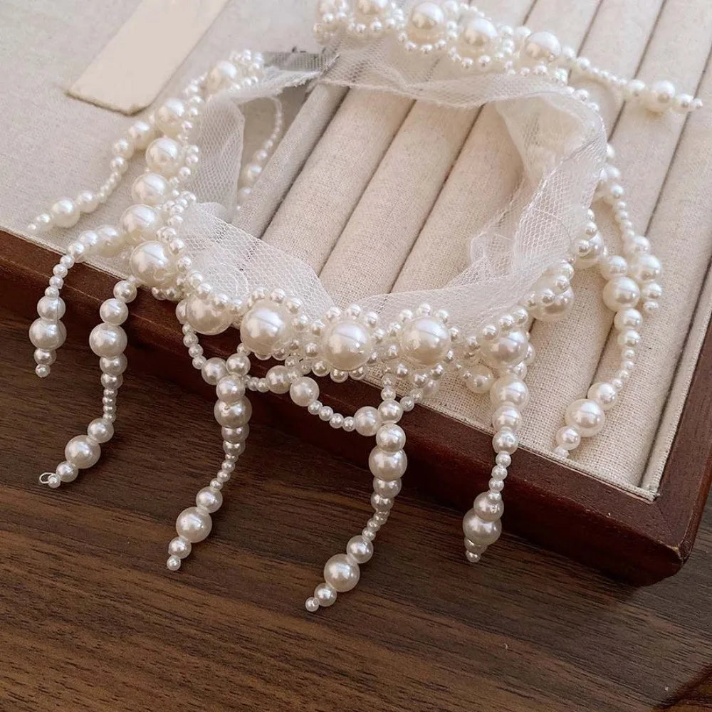 Neck Pendant White Pearl Lace Choker Alloy Creative Tassel Beads Necklace French Style Collarbone Chain Mesh Neck Jewelry Women