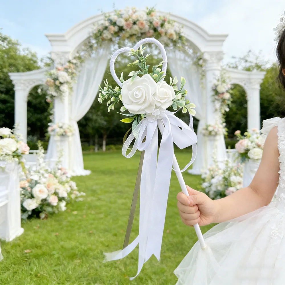 Wedding Flower Girl Wand, Floral Girl Wand Fairy Wand with Ribbon Flower for Wedding, Bridal Shower and Engagement Photo Shoot ﻿