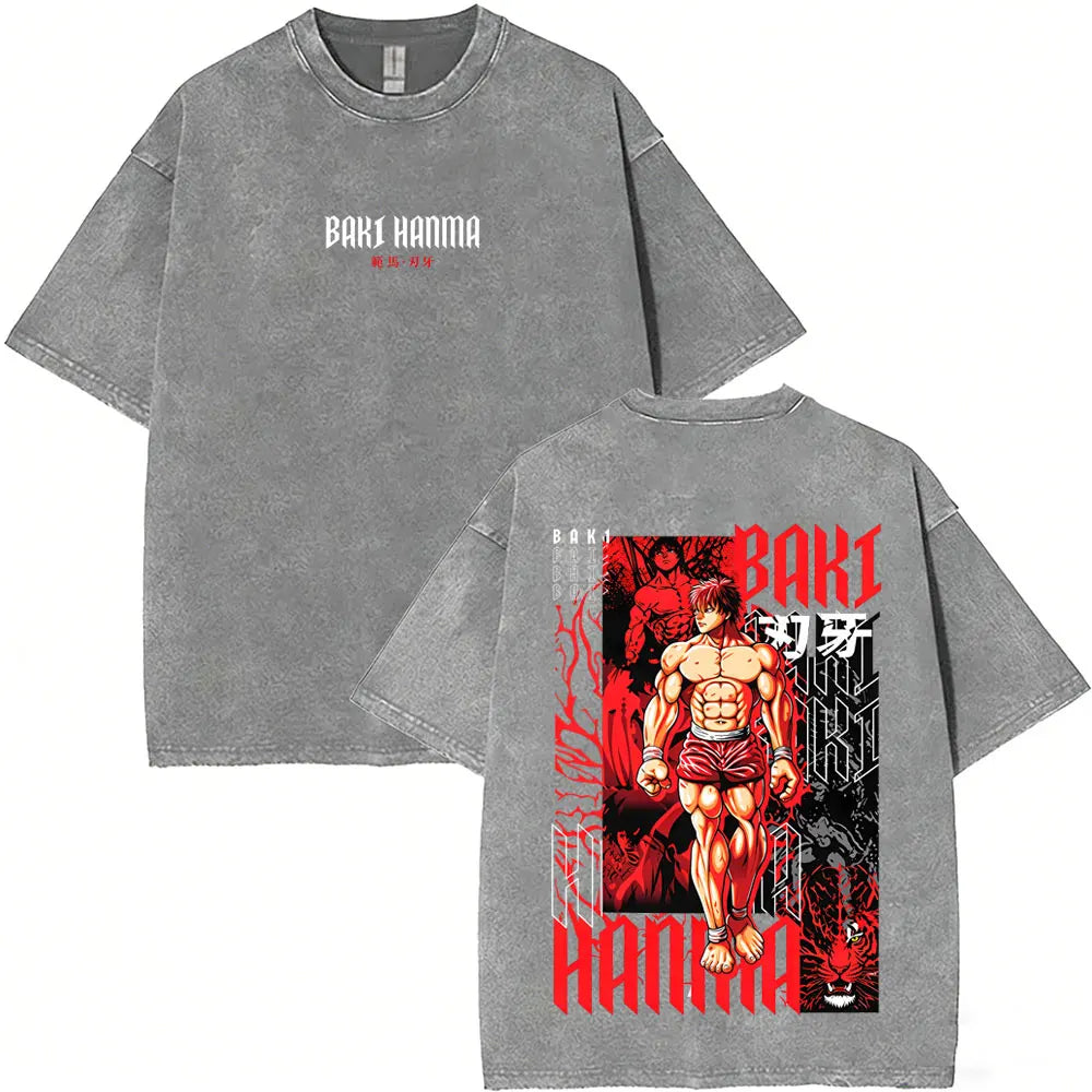 Washed Vintage Anime Baki Hanma Wake Up T-shirt Men Women Retro Manga Oversized T-shirts Men's Casual Cotton T Shirts Streetwear