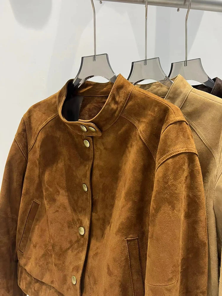 2025 Imported Goat Suede Jacket For Women Retro Standing Collar Versatile Slimming Elastic Waist  Leather Coat Chaquetas Bomber