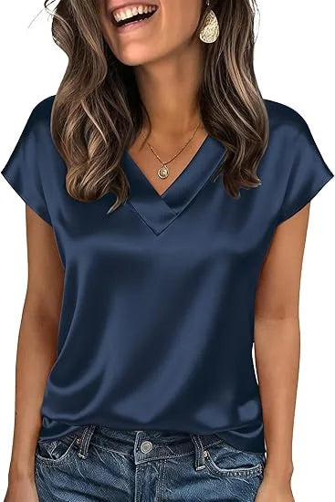 Women's Summer New T-shirt Casual V-Neck Short Sleeve Blouse Business Casual Tops Satins Silk Summer Shirt Work Solid Color Tops