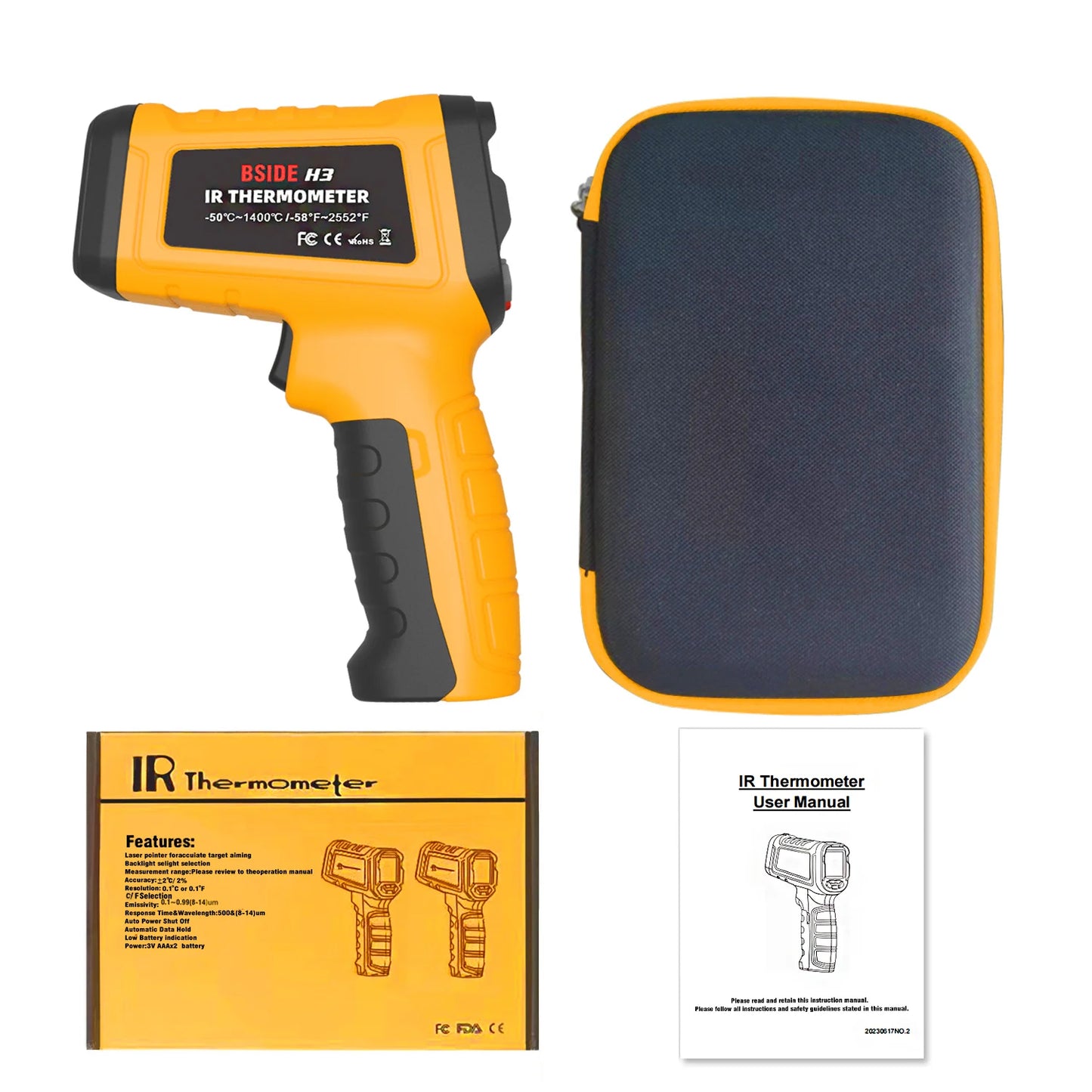 BSIDE H3 Infrared Thermometer Gun -50~1400°C Handheld Digital Laser Industrial  Non Contact Temperature Measuring Tester Tools