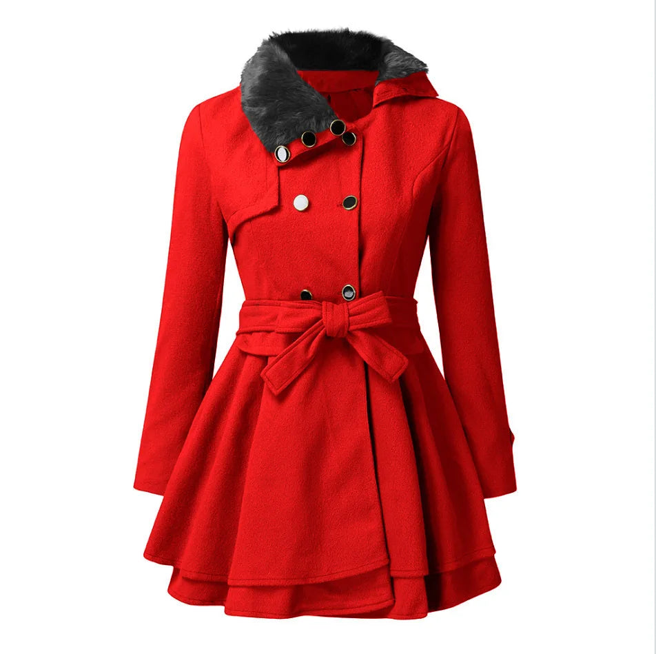 European and American Women's Wool Coat with Wide Skirt Hem and Fur Collar Women's Double-Breasted Wool Trench Coat