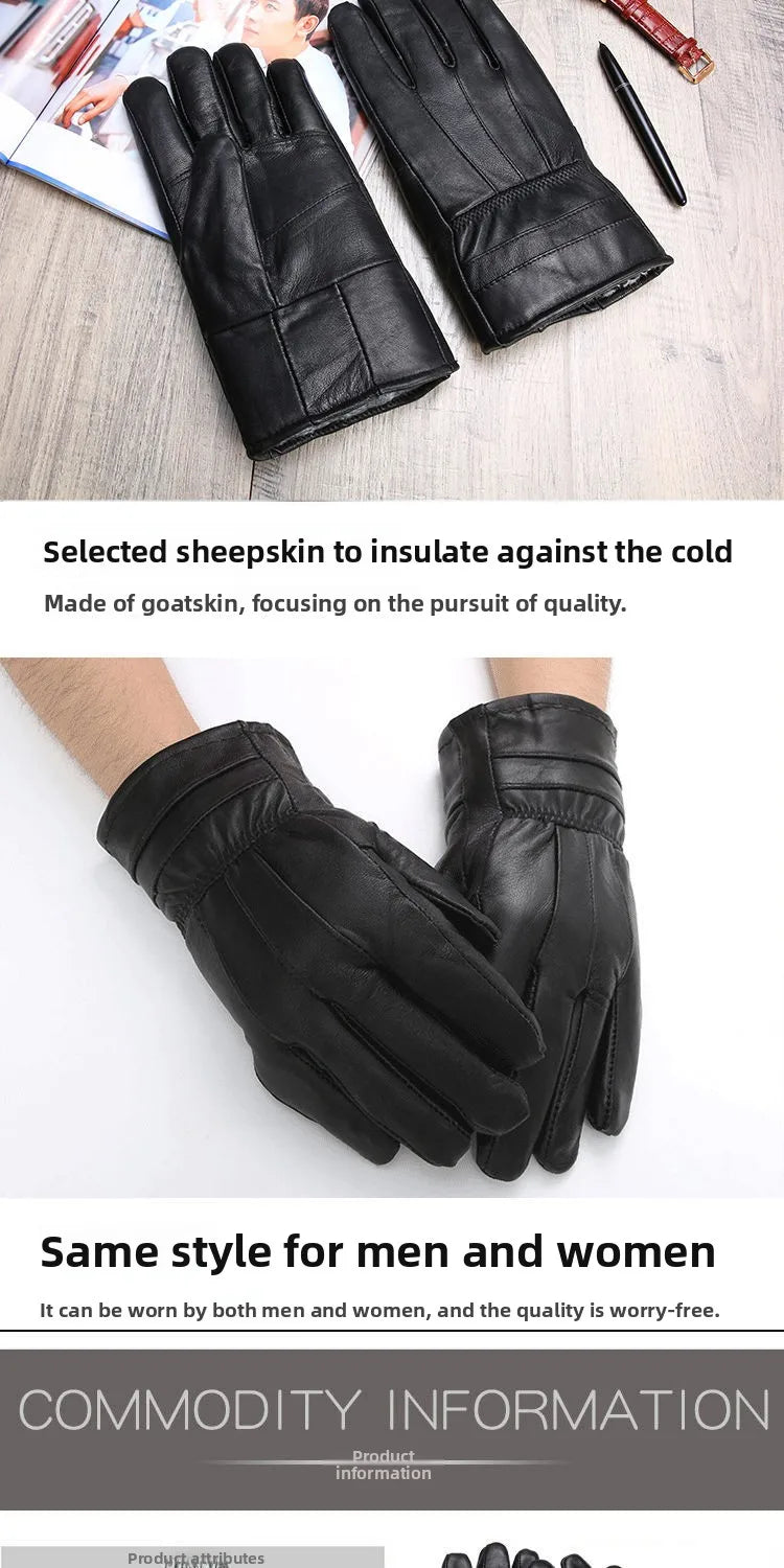 Genuine Leather Gloves (Men/Women): Fleece-Lined Warm, Thin/Thick Cotton, For Motorcycle Riding, Autumn/Winter,  Drop-Shipping