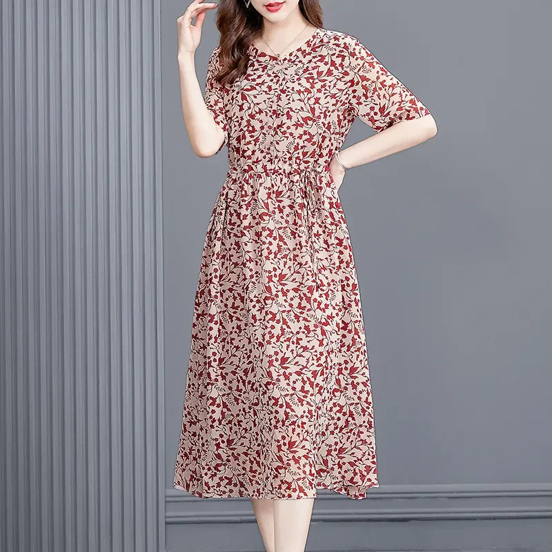 Women's Mulberry Silk Midi Dress V-Neck Three-Quarter Sleeve Red Floral Print Waist Tie Elegant Silk Summer Dress For Mature