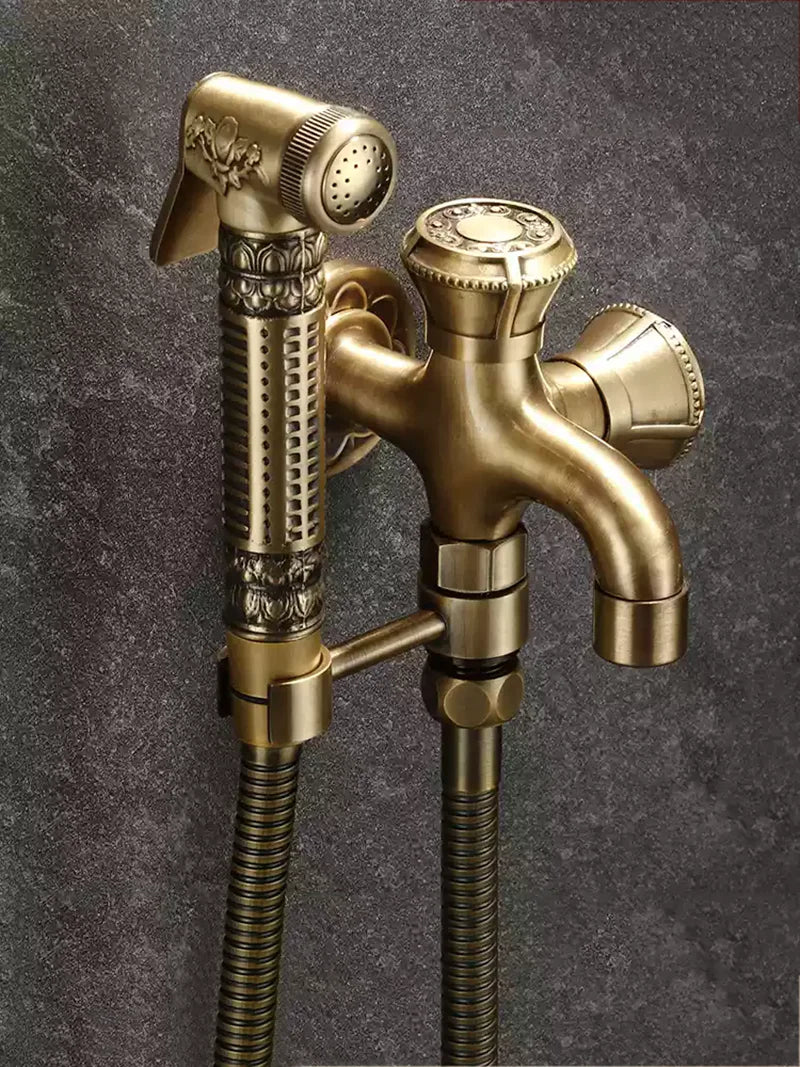 Hand Held Bidet Sprayer Douche Toilet Kit Copper Engrave Shattaf Shower Head Antique Valve Set Jet Bidet Faucet Set Bidet Set