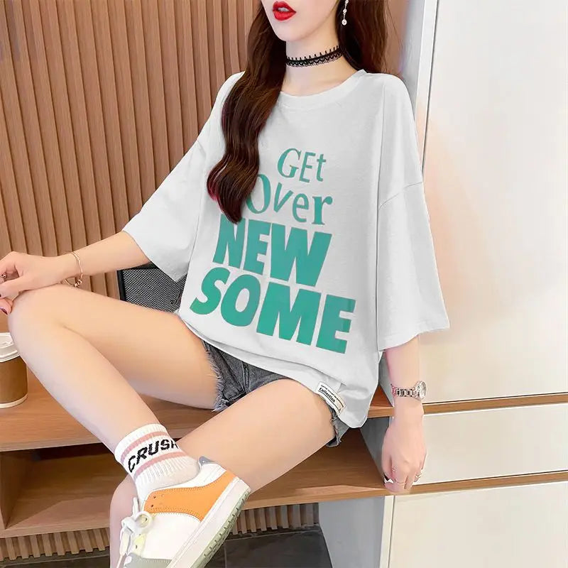 Women's T-shirt Summer Outfit Graphic Short Sleeve Cotton Top Female Baggy Trending Clothing Korean Popular Clothes Cheap Woman