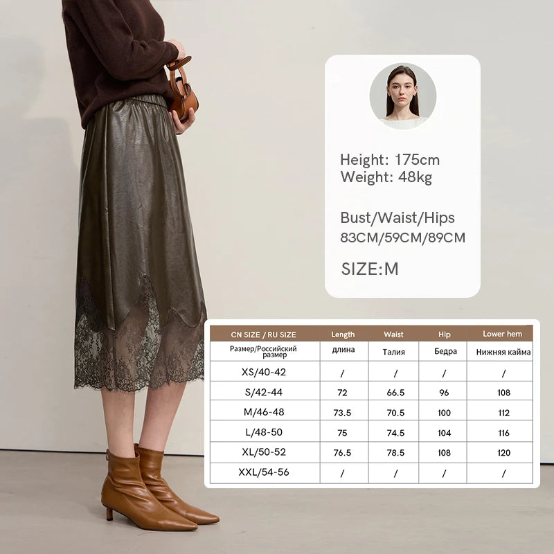 AMII Women's Skirt 2025 Autumn New Minimalist Versatile Clothing Ladies Leather Splicing Lace Solid A-line Midi Skirt 12543095