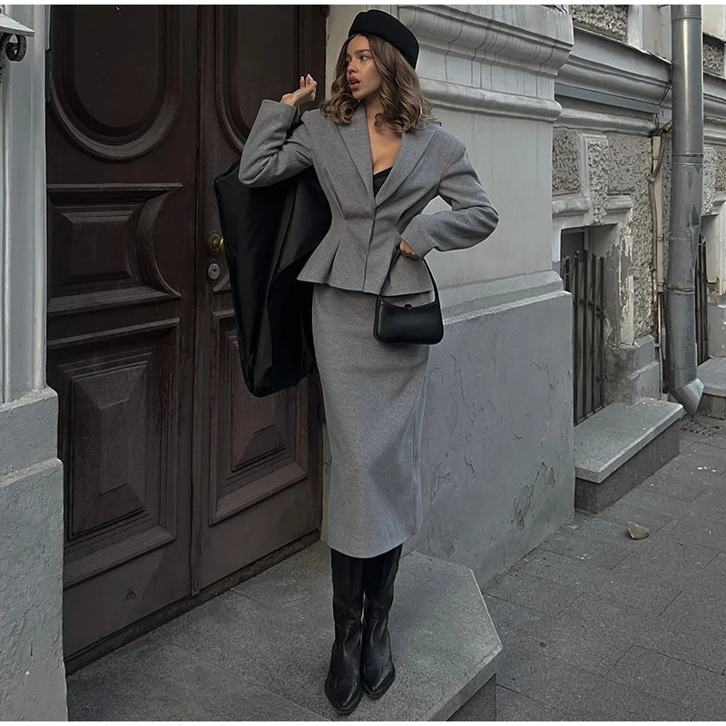 Elegant Women Solid Woolen Blazer Coat Skirt Suits Fashion Lapel Long Sleeves Overcoat Slim Hip Package Long Skirts Lady Outfits