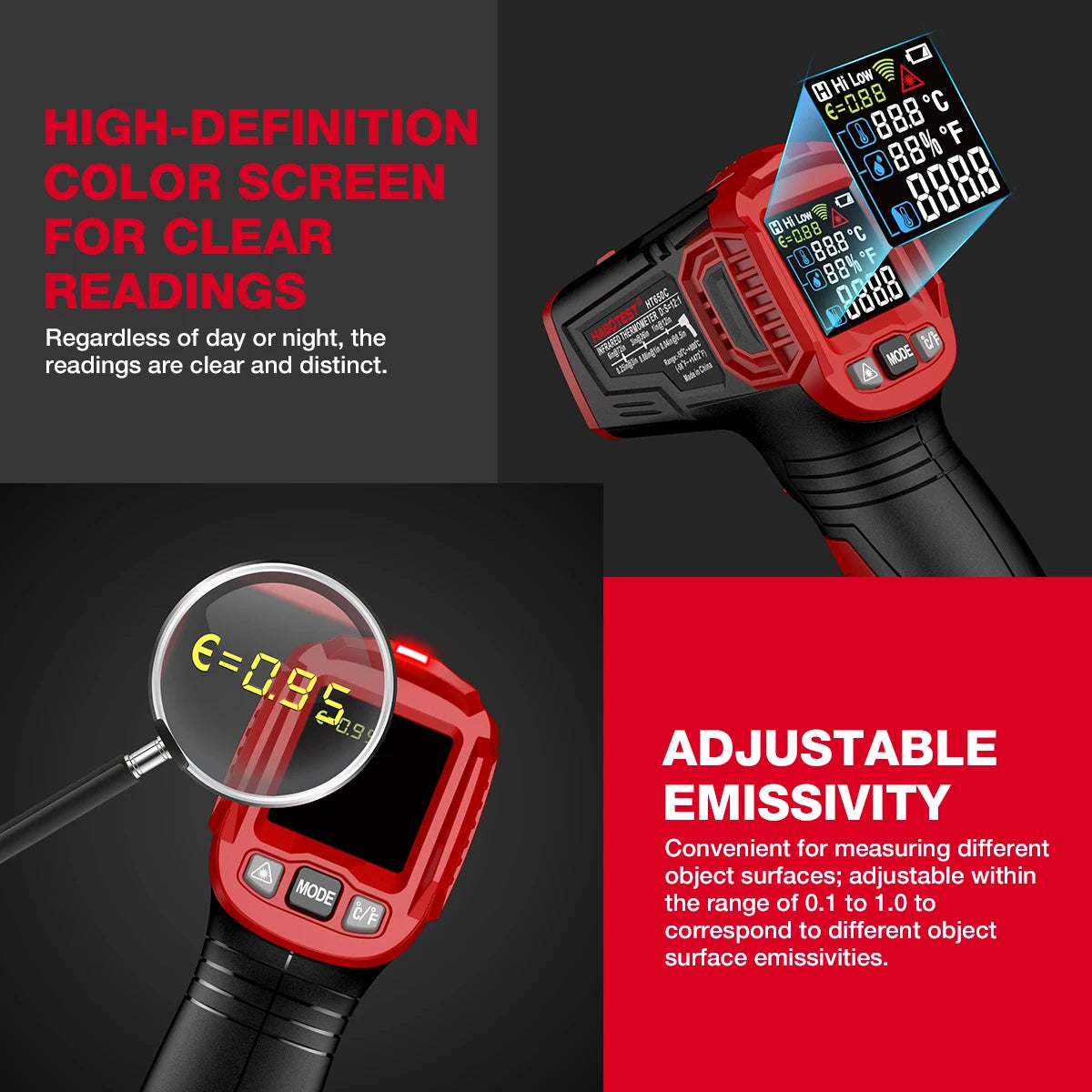 HABOTEST HT650 Digital Infrared Thermometer-50~380/550/800 Laser Non-Contact Pizza BBQ Grill Engine Industry IR Thermometer Gun