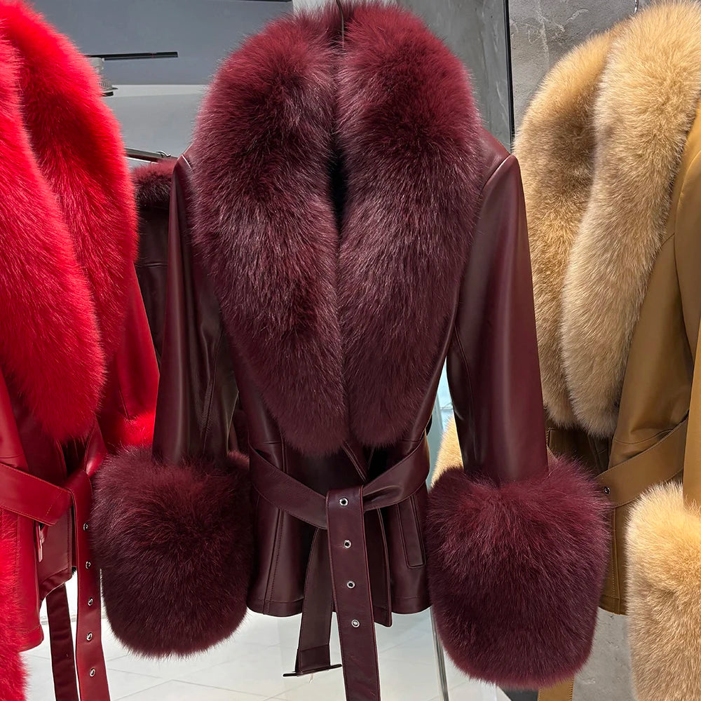 YOLOAgain Real Fox Fur Collar Genuine Leather Jacket Women