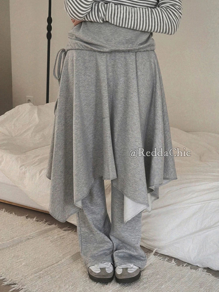 REDDACHiC Lounge Wrap Sweat Pants Gray Trendy Elastic Waist Ruffle Skirt Overlay Wide Leg Trousers New In Korean Woman Clothing