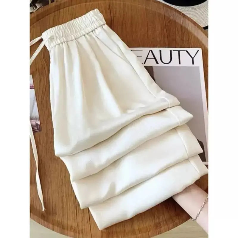 plus Size Satin Ice Silk Wide Leg Pants Women's Summer Thin Cool Casual Straight Leg Trousers Comfortable Loose Fit Long Pants
