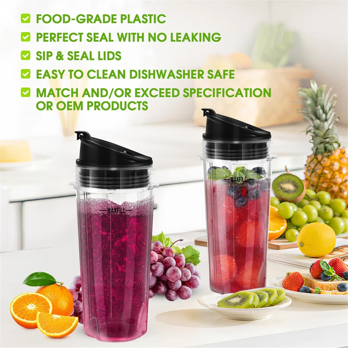 Blender Replacement Parts for Ninja, 3 Pack 16oz Ninja Blender Cups Replacement with To-Go Lids for Nutri Ninja QB3001SS
