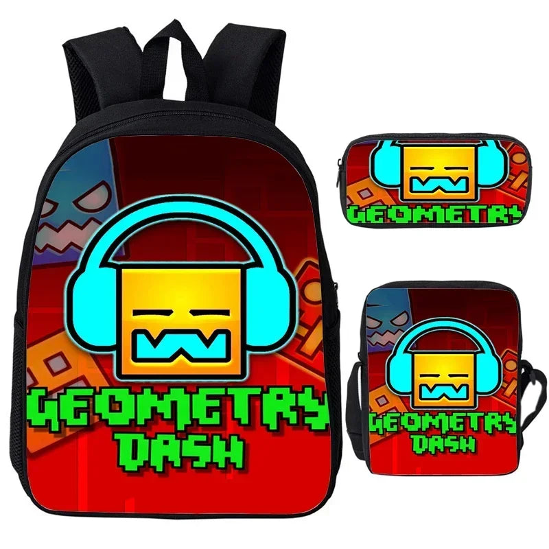 Large Capacity Bookbag 3pcs Set Boys Girls School Bags Angry Geometry Dash Cartoon Print Children Backpack Back To School Gifts