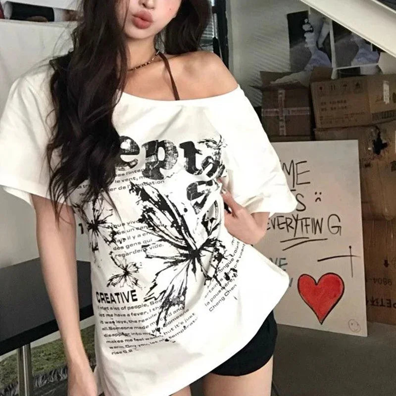 Summer Lady T-shirts Chic Streetwear T-shirts Female Baggy Casual Daily Tops Women Letter Printed Off Shoulder Clothes