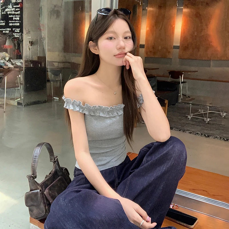 Women's Summer Off-Shoulder Solid Color Tops Sheath Casual Daily Cropped T-shirt
