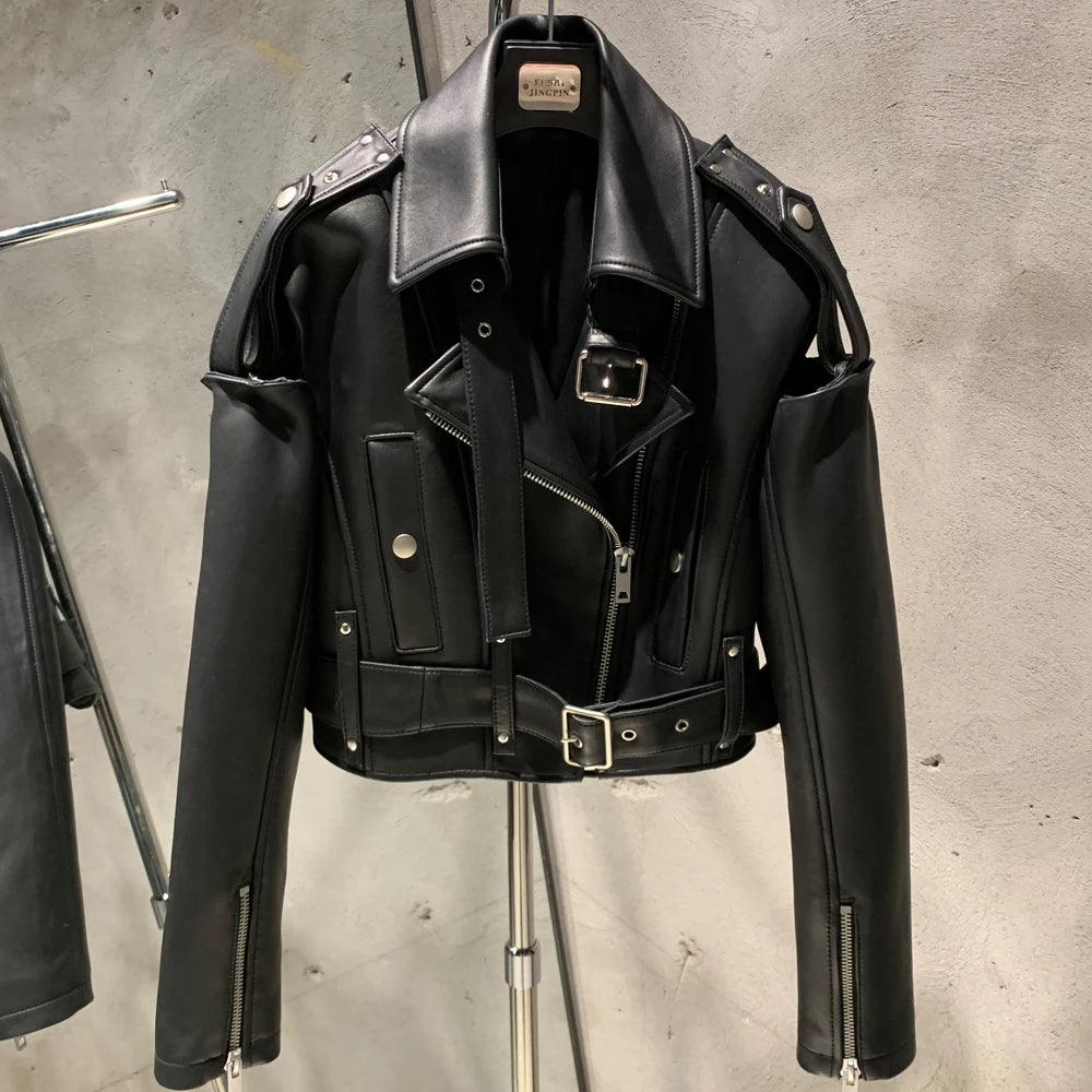 Black Texture Leather Jacket Biker Leather Jacket Ladies Real Sheepskin Coat N15