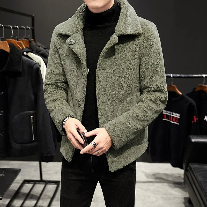 Winter Men's Warm Double sided Jackets Granular Wool Fashion Turn Down Collar Casual Outwear Coats Men Fleece Jacket Plus Size